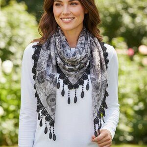 2/$30 Black & Grey Floral Lace Fringe Scarf Shawl Wrap Sheer Boho Vintage Style